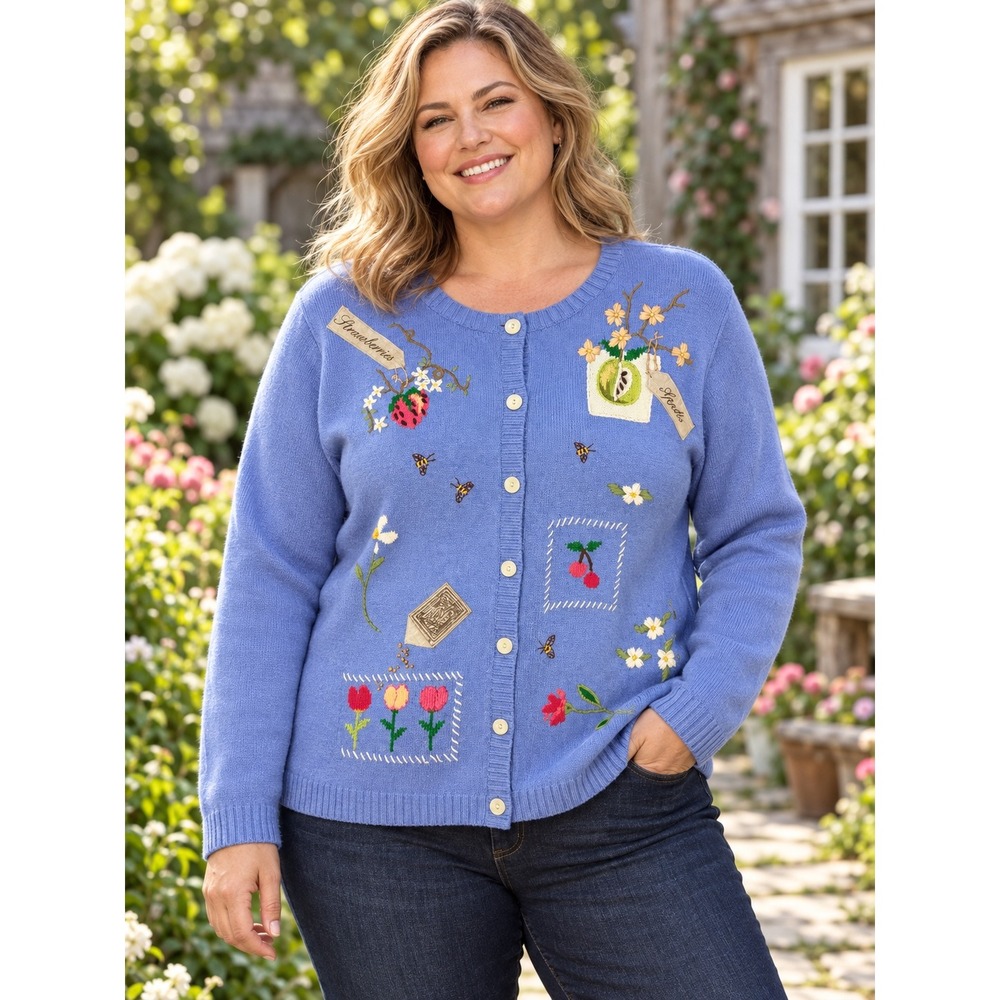 Talbots Blue Embroidered Garden Fruit Cotton Cardigan Sweater XL Floral Bee